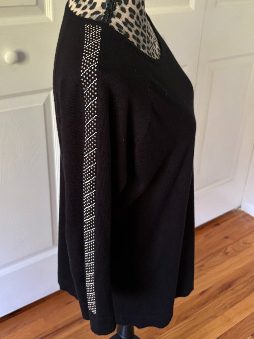 Calvin Klein Womens Black Beaded Sweater 3/4 Sleeve Glam Knit Holiday Large